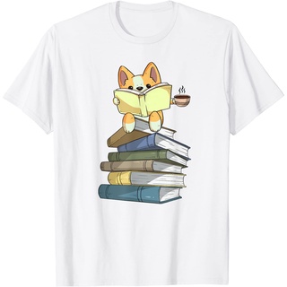 เสื้อยืดผ้าฝ้ายพรีเมี่ยม เสื้อยืด พิมพ์ลาย Welsh Corgi Books Coffee สําหรับผู้ใหญ่ | เสื้อยืด พิมพ์ลายสุนัขกาแฟ ให้เป็นข