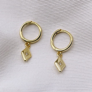 Sunburst Geometric Huggie Hoops With CZ Crystals, 18K Gold Plated Minimalist Jewelry | ต่างหูห่วง เงิน 925 ชุบทองแท้