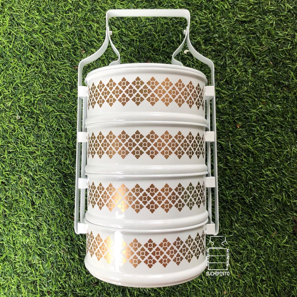 ปิ่นโตสกรีนลายดอกพิกุล ขนาดกว้าง 14 ซม.มี 2,3,4,5 ชั้นเป็นงาน Handmade ระยะเวลาสกรีน 2-3วันจัดส่ง