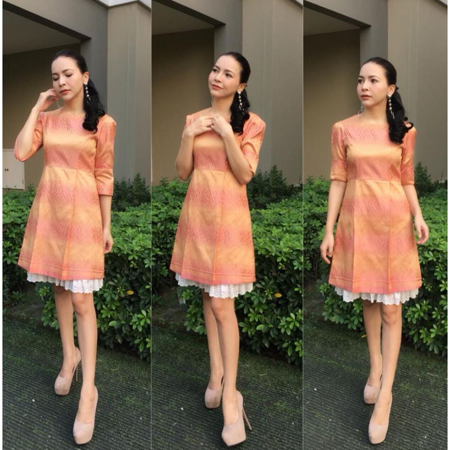 Angunpathai เดรสผ้าไทย รุ่น รัชวิน สีส้ม