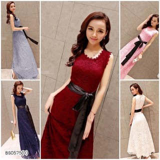 MaxiDress ลูกไม้ทรงยาว แขนกุดผูกโยว์ที่เอว BS0575