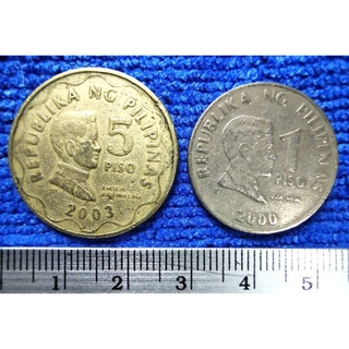 เหรียญ​หมุนเวียน​ ฟิลิปปินส์​  Philippines​,ชุด 1 Piso, 5 Piso,ใช้แล้ว​  (No. 021)