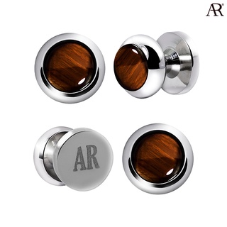 ANGELINO RUFOLO Tuxedo Studs ดีไซน์ Tigerseye Circle กระดุมทักซิโด้โรเดียมคุณภาพเยี่ยม สีเงิน ประดับตกแต่งด้วย Tigerseye