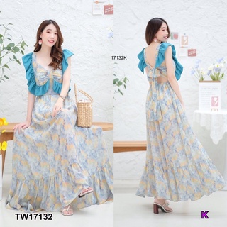 TW17132 Maxi Dress แม็กซี่เดรสไหล่ระบาย ผ้าชีฟองยาว พิมลายสวย มีซับด้านใน ด้านหลังแต่งผูกโบว์