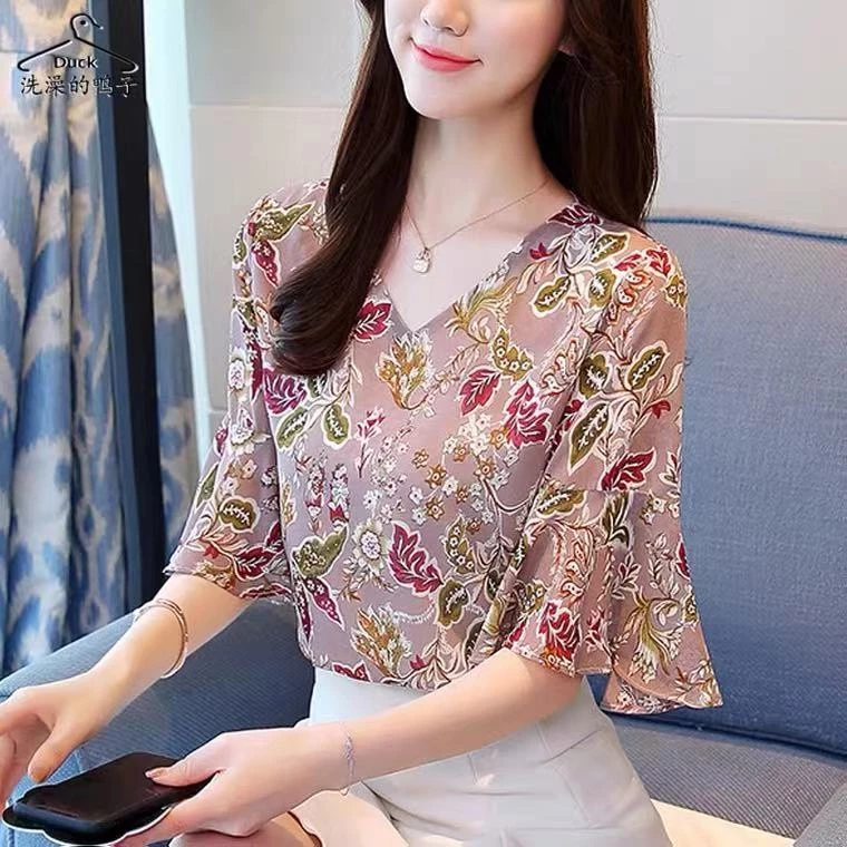 เสื้อชีฟองลายดอกไม้สองชั้นแขนสั้นผู้หญิง thumbnail 6