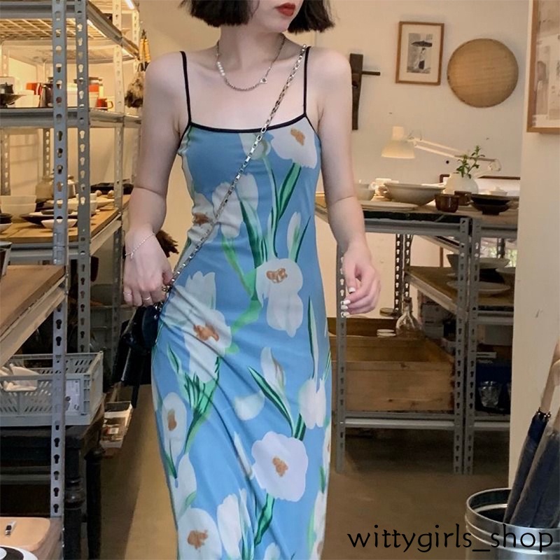 Wittygirls_shop | ชุดเดรสยาว ทรงสกินนี่ พิมพ์ลายดอกไม้ เซ็กซี่ แฟชั่นสําหรับผู้หญิง