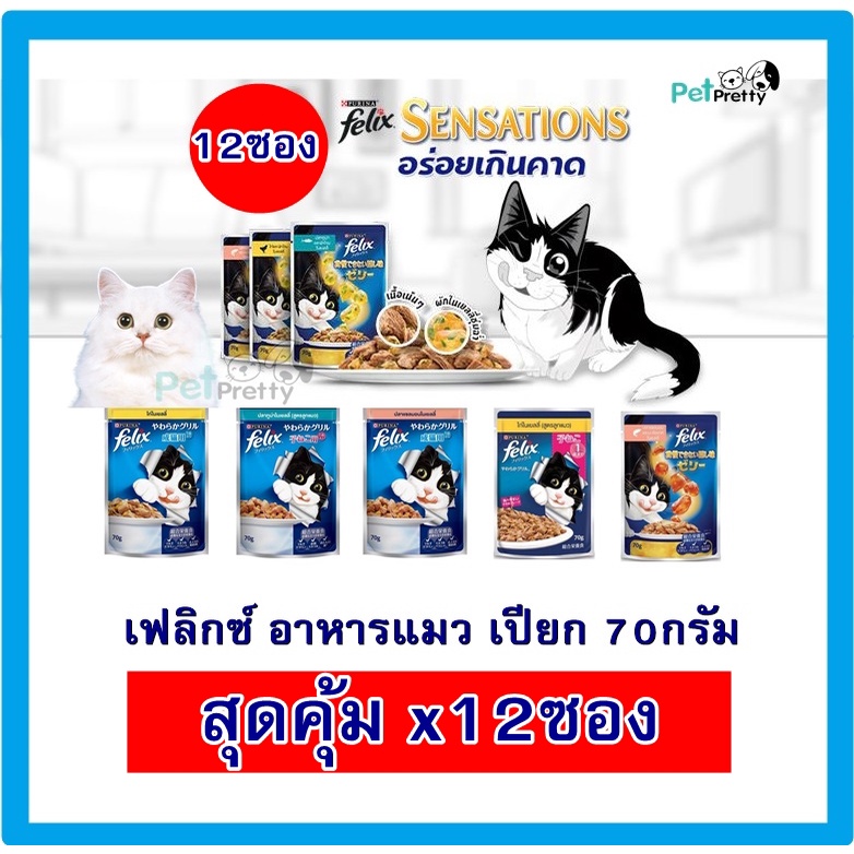 [12 ซอง] FELIX เฟลิกซ์  อาหารแมว เปียก เพาซ์ 85 กรัม -ยกโหล (cat food pouch อาหารแมวเปียก อาหารเปียก
