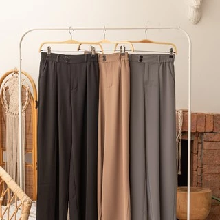 Cicishop(5193)กางเกงทรงกระบอกเล็กเอวสูง สีNatureผ้า Polyester 100% ผ้าลื่นไม่ยับง่ายสม็อคหลัง