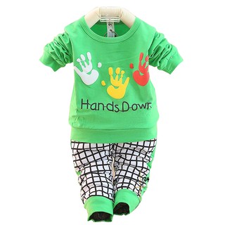 ชุดเด็ก แขนยาวสีเขียวลาย hand down ขายาว เนื้อผ้าหนานุ่ม