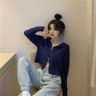เสื้อคาร์ดิแกนแขนยาวแบบมีซิปแฟชั่นสไตล์เกาหลีสําหรับผู้หญิง เสอื้ ครอปแขนสน