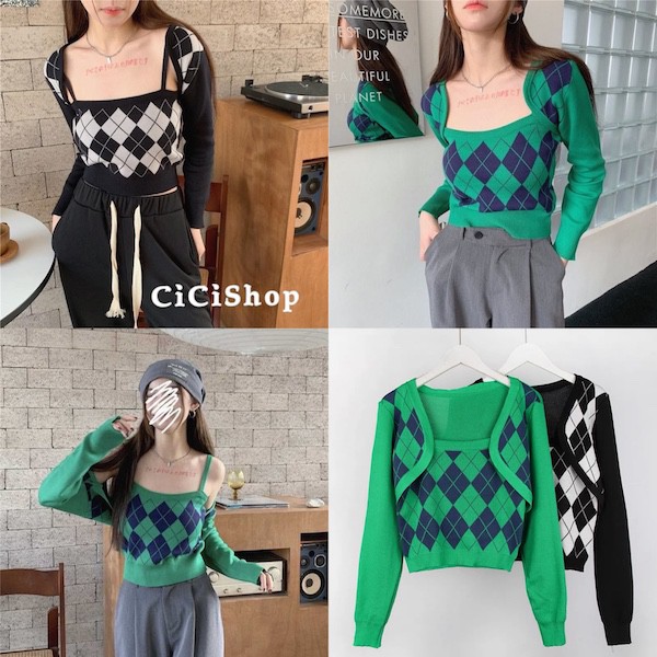 Cicishop(SALE/สุ่มสี 6A33/6A33-1)เซตสายเดี่ยว+เสื้อคลุมแขนยาว ดีเทลเย็บอกเข้า ทอลายตารางสไตล์โคเรีย