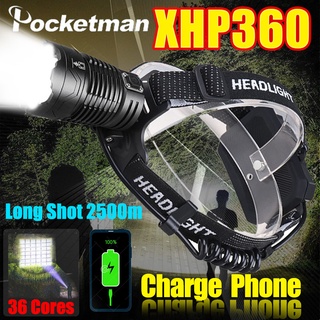 2000000 Lumens XHP360 โคมไฟหน้า LED 36 แกน Type-C ซูมได้ 18650 สว่างมาก สําหรับตกปลากลางคืน