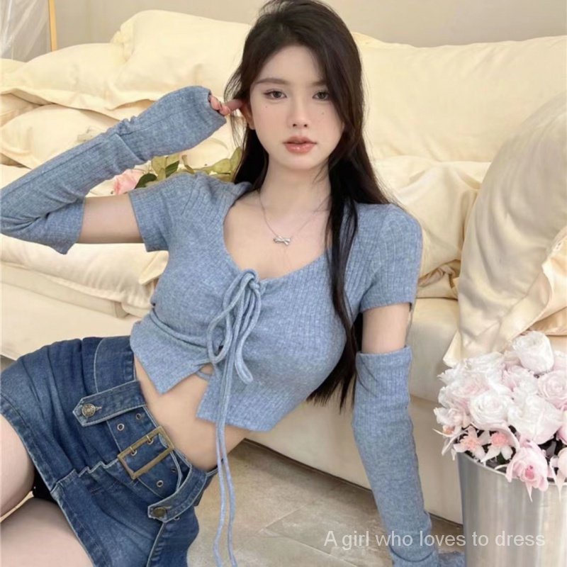 เสื้อแขนยาว คอสี่เหลี่ยม ผ้าถัก ทรงสลิม สําหรับผู้หญิง Sk5657