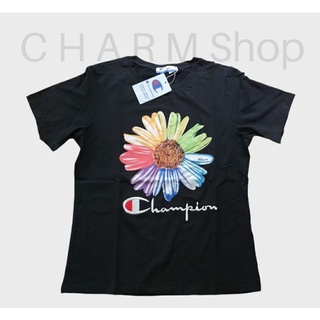 👕เสื้อผ้าเด้ง งานไฮเอ็น 🌼 สกรีนดอกไม้ Champion ดำ