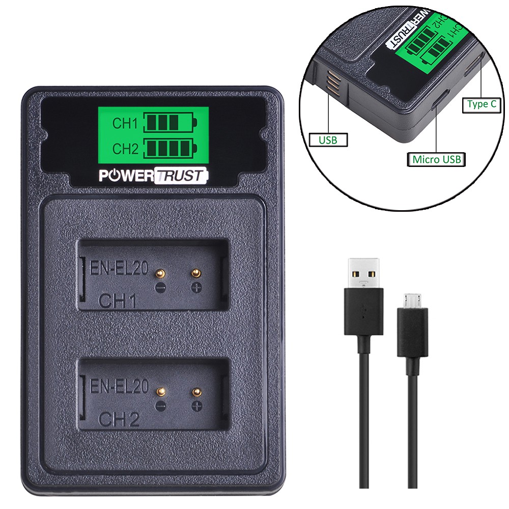 Powertrust En El En Ela Lcd Usb Dual Charger With Usb Cable Type C Port For Nikon Coolpix P1000 Nikon1 J1 J2 J3 Nikon1 Aw1 Shopee Thailand