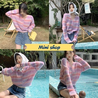 Mini shop🌸พร้อมส่ง🌸(Q520) เสื้อไหมพรมแขนยาว คอวี ดีเทลสีพาสเทลคิ้วๆใส่คลุมก็ได้