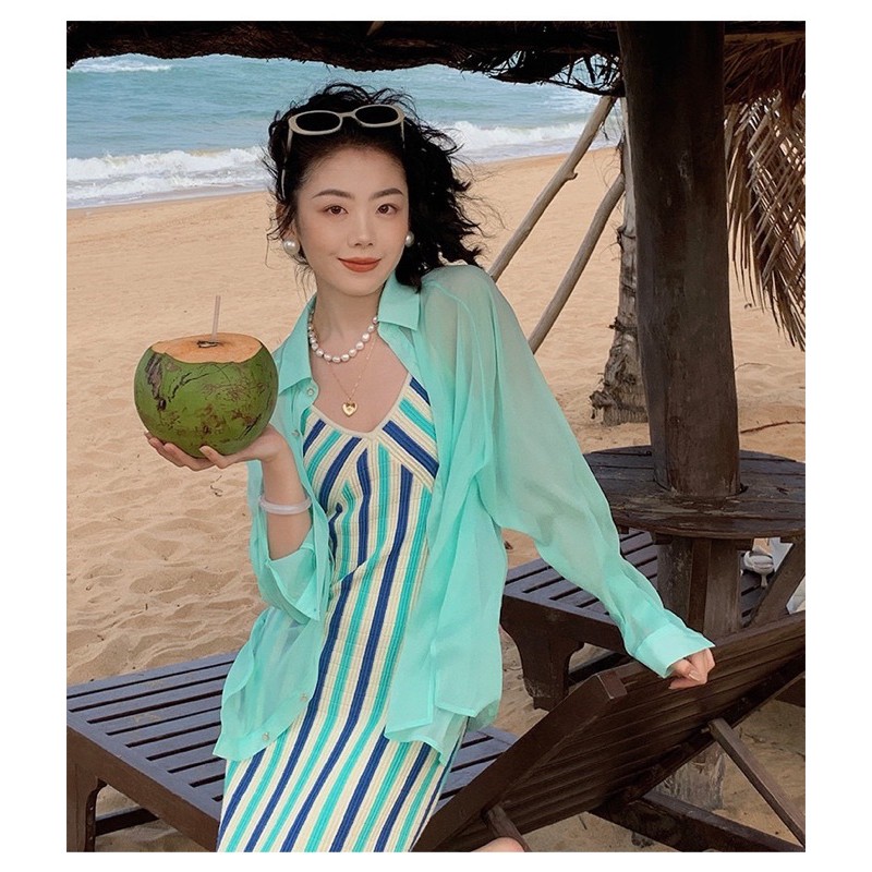 ส่งทันที Cici(NO. 2149)เดรสสายเดี่ยวไหมพรมลายทางยิ่งดูผอม งานทอknitting ทอสลับสีสันสดใส เข้ารูปดูเพียวมาก - รูปที่ 3