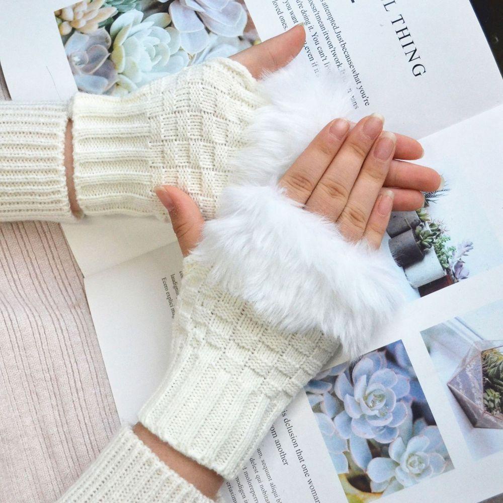 Oceanmap ถุงมือถัก ฤดูใบไม้ร่วงและฤดูหนาว ถุงมือไร้นิ้ว แบบหนา บวกกํามะหยี่ สีพื้น ถุงมือขนกระต่าย ถุงมือครึ่งนิ้ว