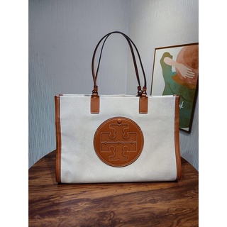 Tory Burch Elle series canvas open shoulder shopper tote handbag spacious magazine booktote