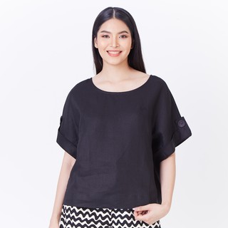 C&amp;D Black Premium Linen Blouse เสื้อคอกลม  แขนสั้นพับเบิ้ลปลายแขนติดด้วยกระดุม ผ้าลินินระดับพรีเมี่ยม สีดำ (CL4HBL)