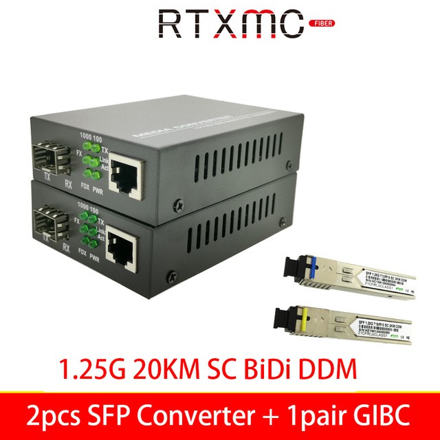 2 ชิ้น 1.25G SFP ไฟเบอร์พอร์ต Media Converter RJ45 พร้อม SFP GIBC SC BIDI ไฟเบอร์ Moudle 10/100/1000