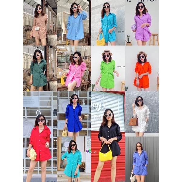 cotton set ชุดเซ็ตคอตติน แขนยาว เสื้อ+กางเกง เสื้อเชิ้ต กางเกงขาสั้น ใส่ไปเที่ยว ใส่ชิว