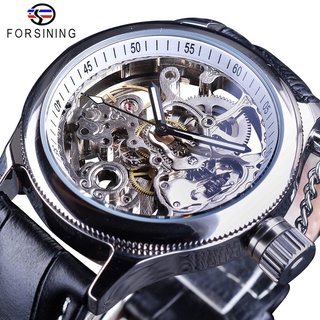 Forsining Transparent Watch Fashion Silver Skeleton Clock Mechanical Wristwatches for Men Luminous Hands Black Genuine L