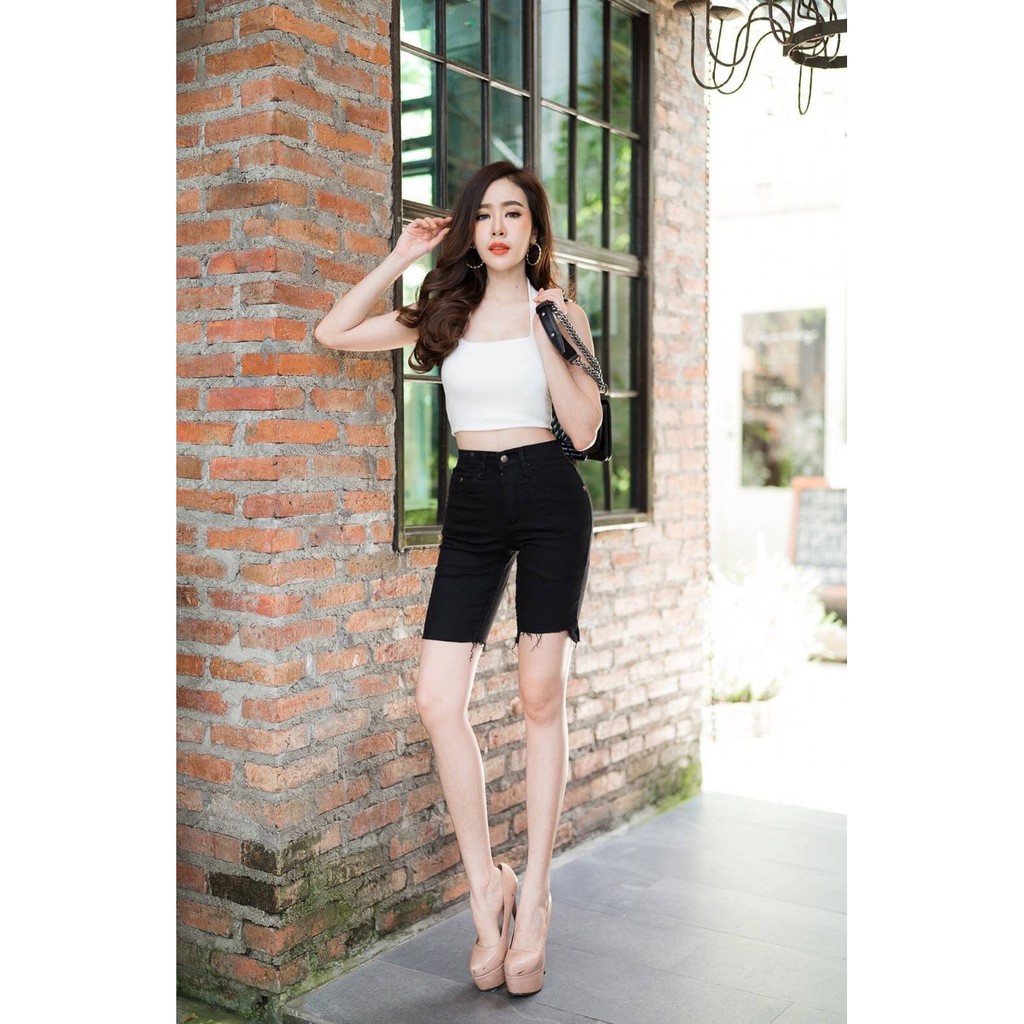 bb jeans กางเกงยีนส์สามส่วน กางเกง สามส่วนยีนส์ยืด เเต่งขาดปลายขา สีดำ BB Jeans