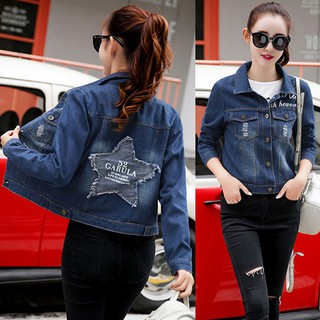 🎀พร้อมส่ง🎀 เสื้อแจ็คเก็ตยีนส์ฟอกนิ่ม มีกระเป๋าคู่ หลังปักลายดาว-11877