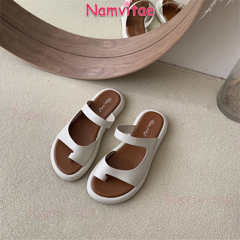 Namvitae รองเท้าแตะ เปิดนิ้วเท้า พื้นทรงแบน แบบเรียบง่าย สะดวก เหมาะกับการเดินทาง กลางแจ้ง สําหรับผู้หญิง