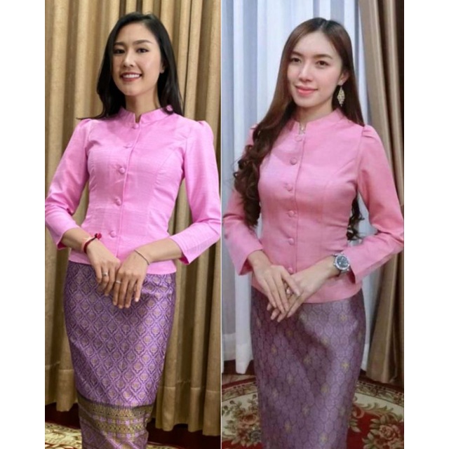 เสื้อจิตรลดา สีชมพู /สีบานเย็น เสื้อไหมลาว งานอัดกาว จากเวียงจันทน์
