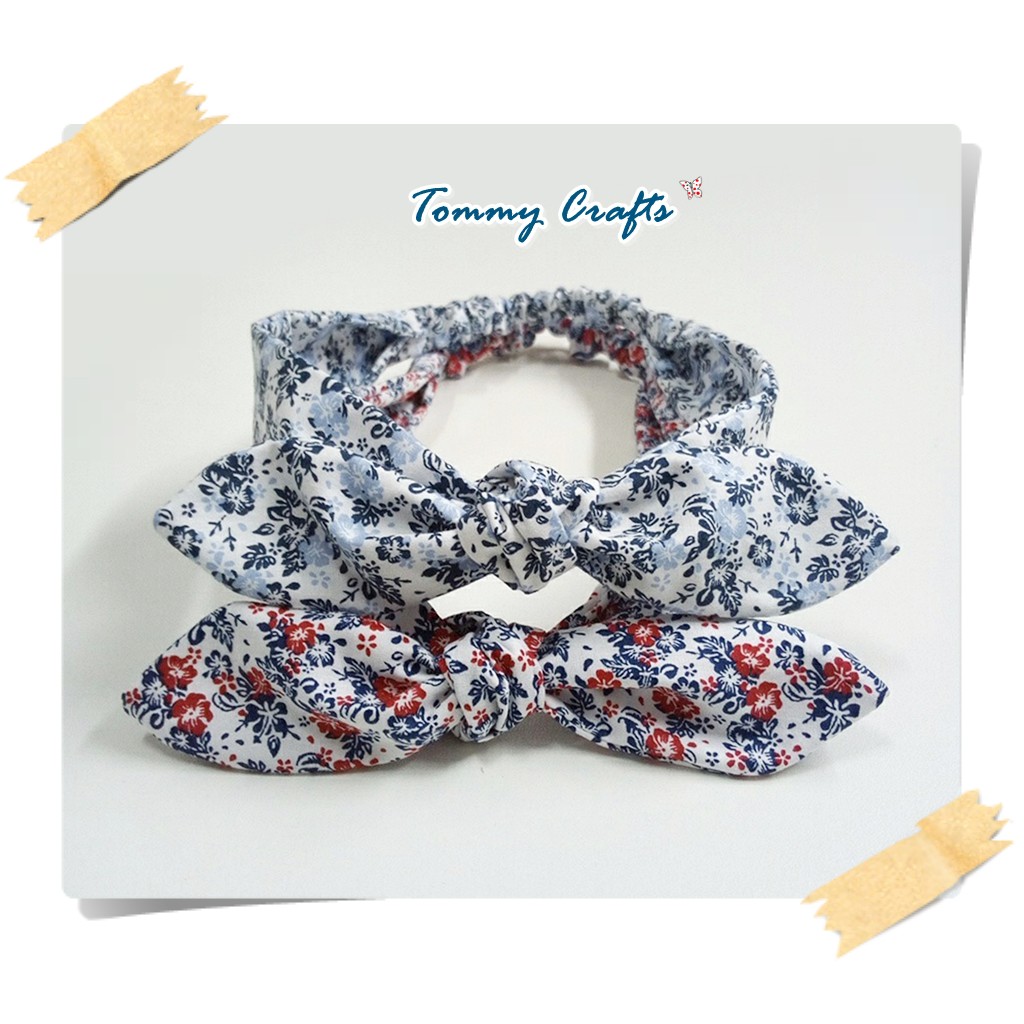 ผ้าคาดผมโบว์ผ้าคอตตอน ลายดอกไม้เล็กๆ สีน้ำเงิน-ฟ้า / สีน้ำเงิน-แดง print cotton Hairband