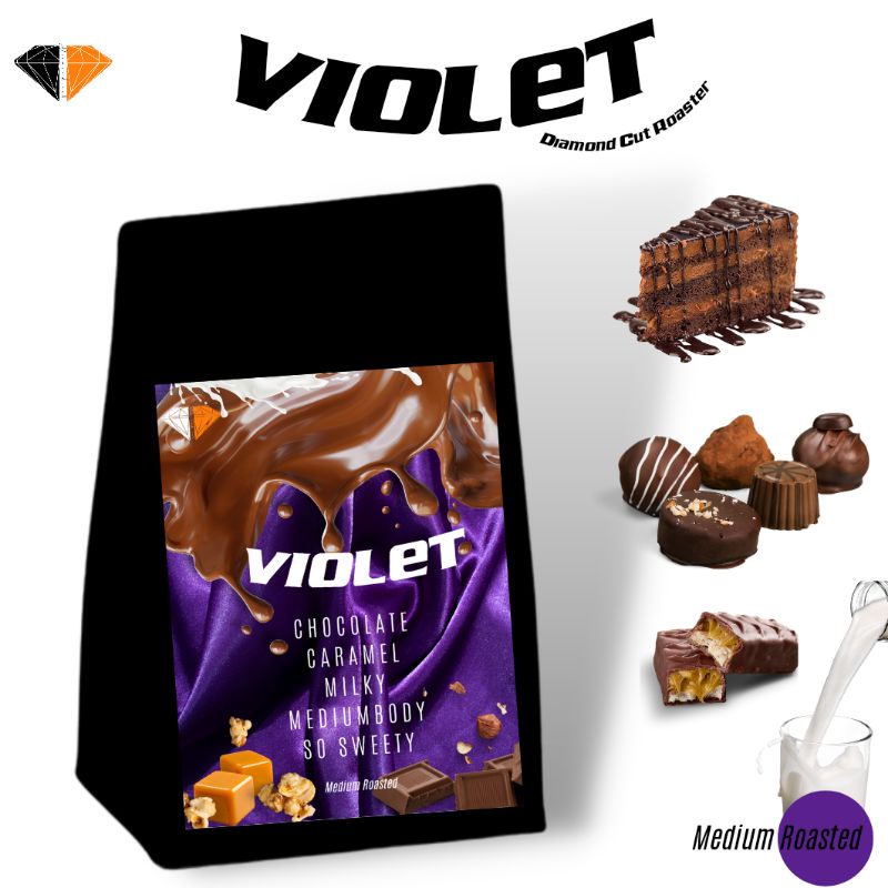 เมล็ดกาแฟคั่ว "VIOLET" 250g. DIRTY BLEND คั่วกลาง Chocolate caramel milky mediumbody so sweet by Dia