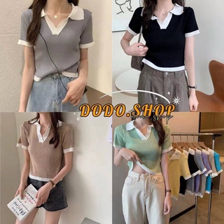 DODO*ใหม่สินค้าพร้อมส่ง*เสื้อครอปคอปกตัดสีกับสีเสื้อแขนสั้นดูดีสไตล์เกาหลี(81011)