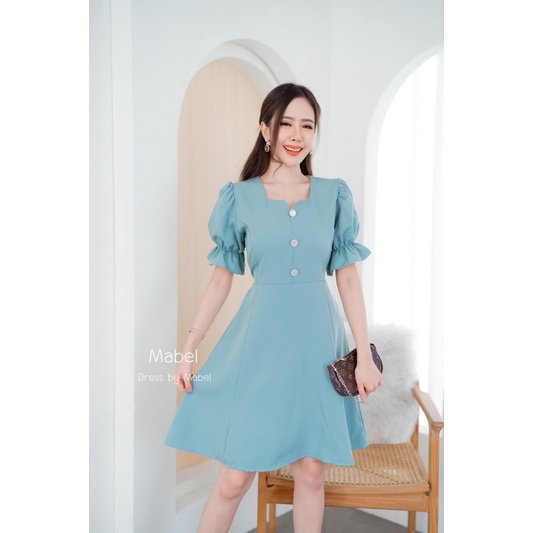 C72เดรสคอเหลี่ยม แขนตุ๊กตาติดกระดุมมุข ชายกระโปรงบานมีสายผูกเอว แบบน่ารักมาก - รูปที่ 5