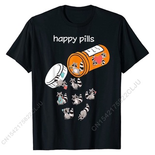 ผ้าฝ้ายคอกลมเสื้อยืด ผ้าฝ้าย พิมพ์ลาย Happy Pills Raccoon แฟชั่นฤดูร้อน สําหรับผู้ชาย นักเรียนfrom S-4XL