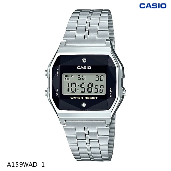 Made in Japan Casio Digital นาฬิกาข้อมือ เพชรแท้ กระจกตัดหลายเหลี่ยม สายสแตนเลส รุ่น A159WAD-1