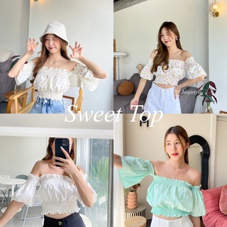 🍭 Sweet Top เสื้อยืดครอปปาดไหล่ ดีเทลแขนระบาย งานผ้า Cotton 100% มีหลายลายให้เลือก