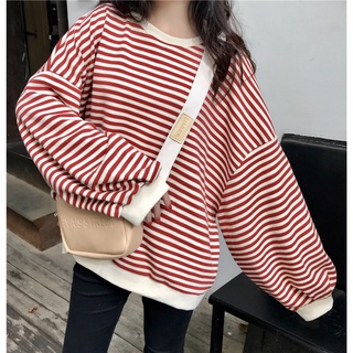 Autumn New Women Korean College Style Contrast Stripes Fake Two Long Sleeve Round Neck Sweater เสอื้ ไหมพรม