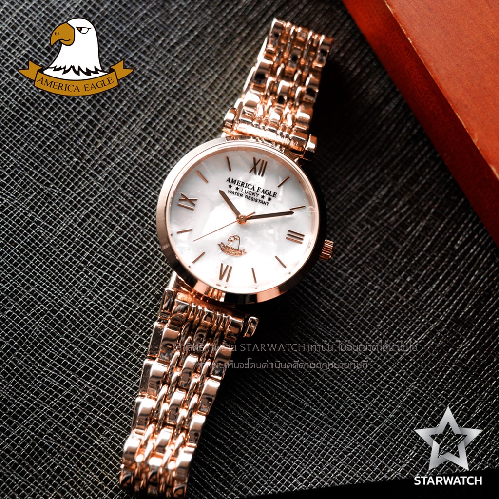✈☌AMERICA EAGLE นาฬิกาข้อมือผู้หญิง สายสแตนเลส รุ่น AE110L – PINKGOLD/PEARLWHITE