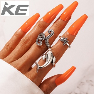 Ring marine element squid starfish dolphin cute animal 3-piece silver ring for girls for women