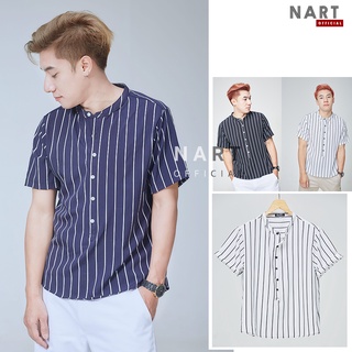 เสื้อคอจีน N-16 แขนสั้นลายริ้ว กระดุมครึ่งบน M-XXL  ใส่ได้ชายหญิง เชิ้ตเกาหลี สินค้ามาใหม่ผ้านิ่มขึ้น