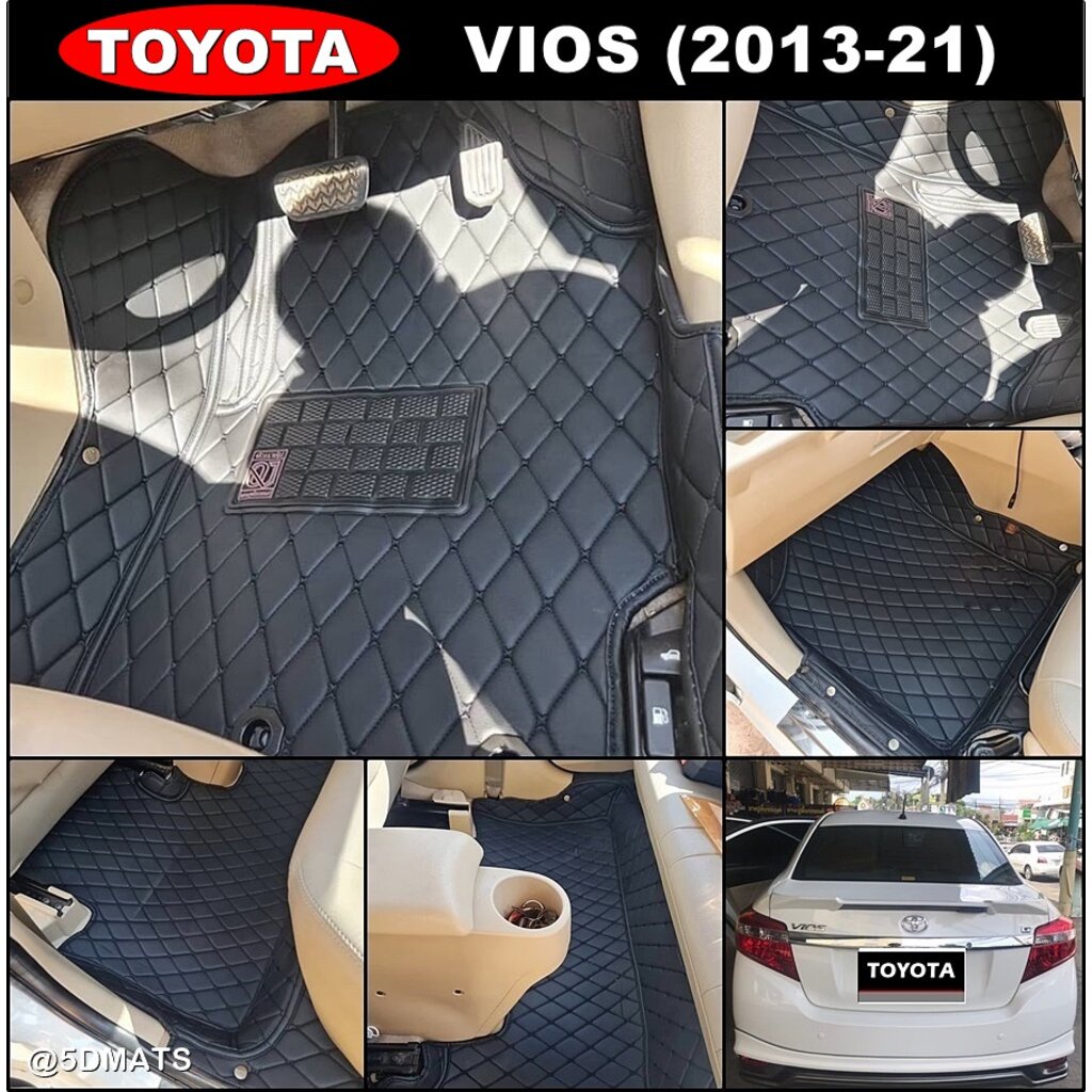 พรมปูพื้นรถยนต์ 6D TOYOTA VIOS ปี2013-21 พรม6D QJ VIP หนาพิเศษ สีดำด้ายดำ เข้ารูป เต็มคัน (3ชิ้น)
