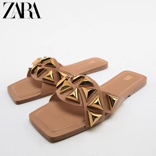 Zara รองเท้าแตะ ส้นแบน หัวเหลี่ยม ประดับหมุด เข้ากับทุกการแต่งกาย แฟชั่นฤดูร้อน สําหรับผู้หญิง 2022