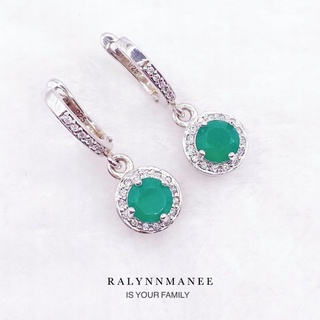 L6406 ต่างหูพลอยโมราแท้ ( Chrysoprase ) แบบอิงลิชล็อค ตัวเรือนเงินแท้ 925 ชุบทองคำขาว