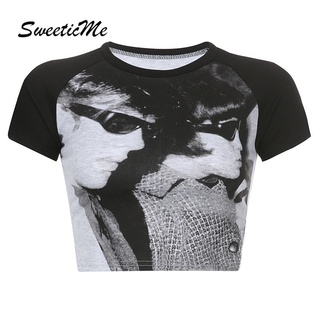 Sweeticme ใหม่ เสื้อยืดลําลอง แขนสั้น คอกลม เข้ารูป พิมพ์ลาย เซ็กซี่ แฟชั่นสําหรับสตรี 2022