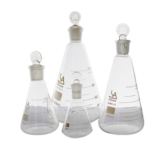 ขวดรูปชมพู่แบบปากแคบ มีจุกปิดแก้ว (Erlenmeyer (Conical) Flask Narrow Neck- Glass with Glass Stopper)