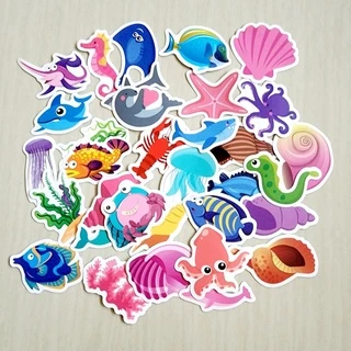 สติ๊กเกอร์ สัตว์น้ำ ใต้ทะเล ฉลาม ปลา ติดแน่น กันน้ำ ติดขวดน้ำ ของเล่น (50 ชิ้น) sea animal sticker