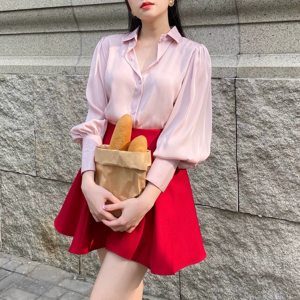 Kiobi - Bishop เสื้อเชิ้ตทรงตรงพื้นฐานแขนพัฟขนาดใหญ่คลาสสิกสีชมพู / สีเบจ / สีดําผ้าไหมญี่ปุ่น - KIA2111