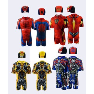 ชุดว่ายน้ำเก็บอุณหภูมิเด็ก Transformer Iron man Spiderman ลิขสิทธิ์แท้ ชุดว่ายน้ำเด็กผู้ชาย Neoprene​ กันหนาว แถม หมวก